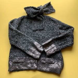 ZARA KNIT Teddy Metallic Grey Cardigan Size Medium Mohair Wool